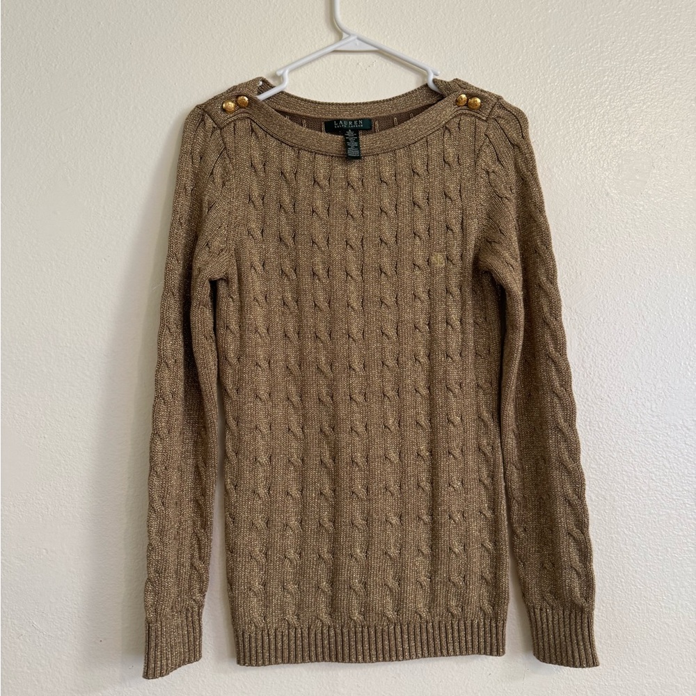 Ralph Lauren Cable Knit Sweater in Brown with Gold Buttons
